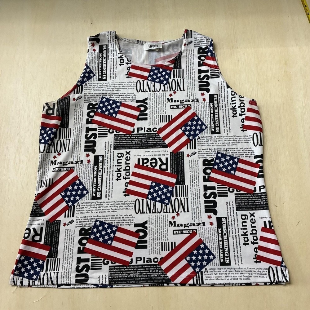 Vintage 80s Tank Top Womens 1X Multicolor American Flag Patriotic Print USA